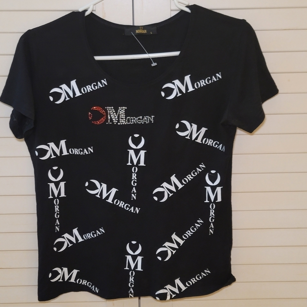 NWOT Morgan All-Over Logo Shiner Print Tee‎ - Black, Size L